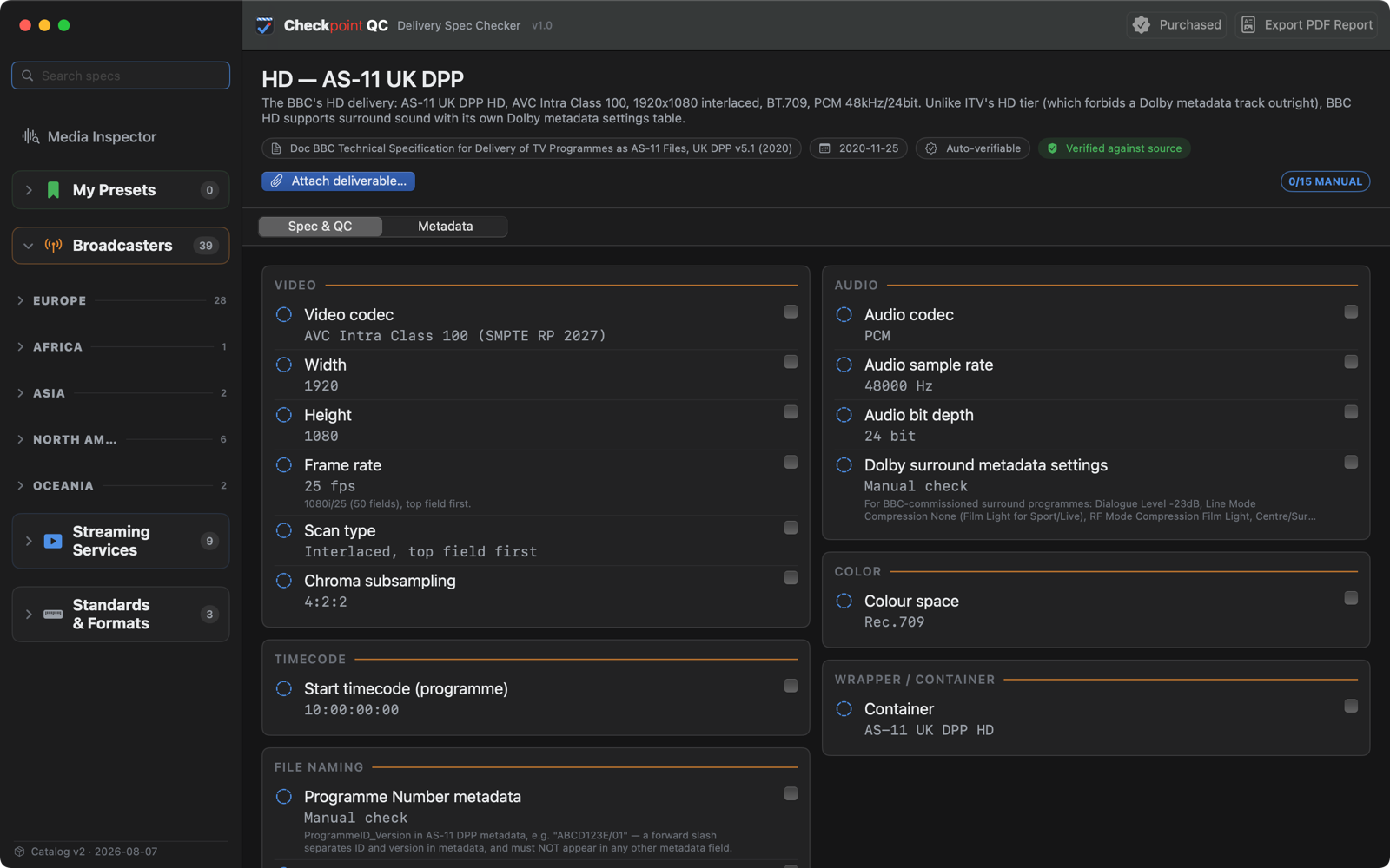 BBC AS-11 UK DPP HD delivery spec in Checkpoint QC