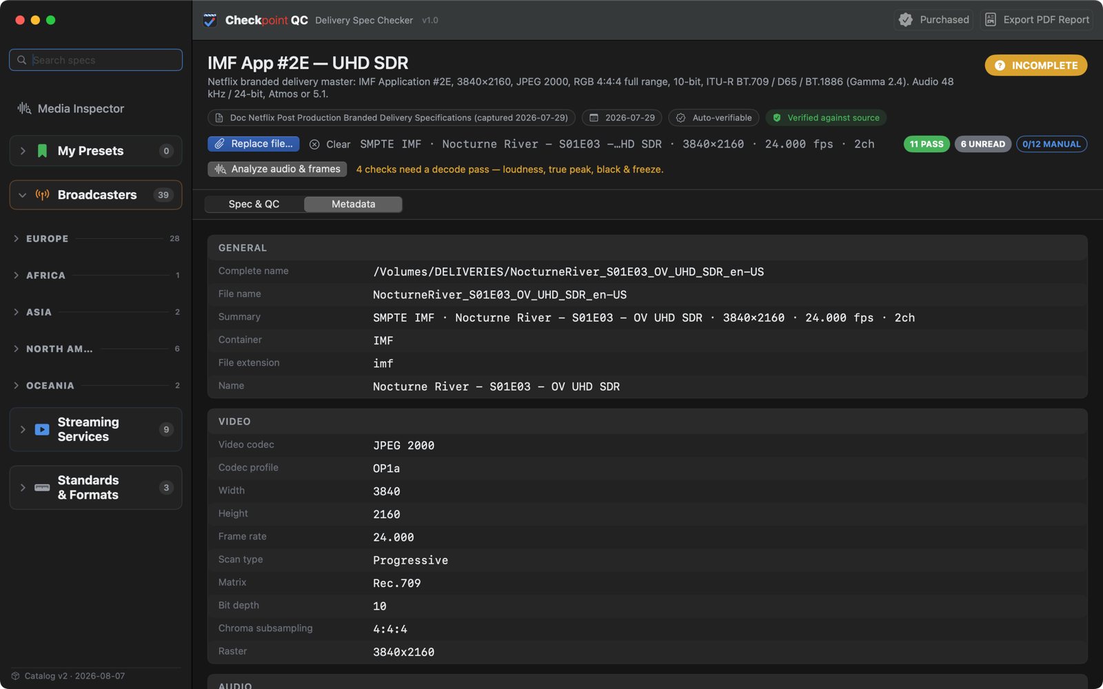 Checkpoint QC Media Inspector showing full file metadata