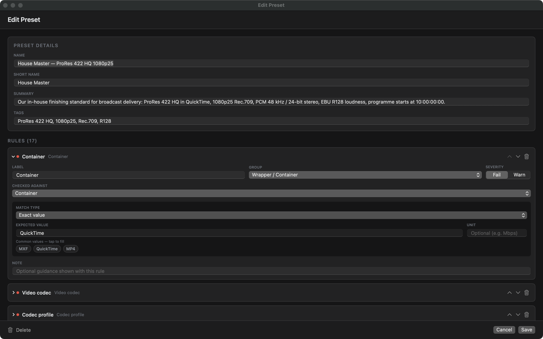 Building a custom preset in Checkpoint QC — your own rules, severities and expected values