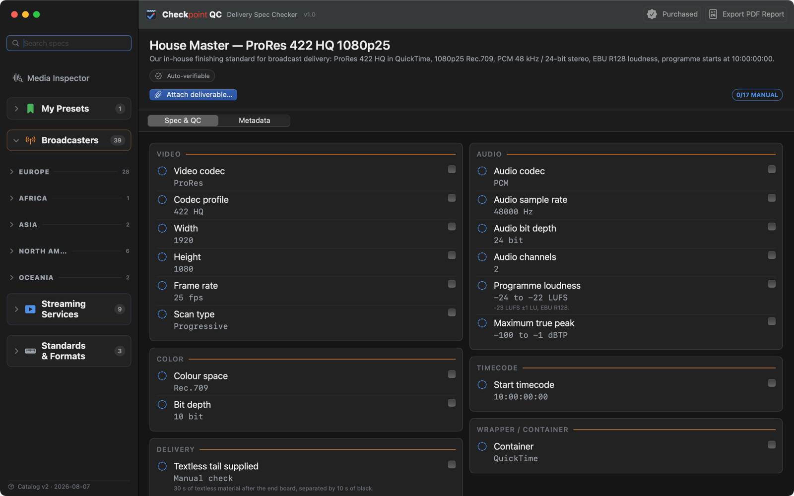 A custom preset in Checkpoint QC browsing and verifying like a built-in spec, under My Presets
