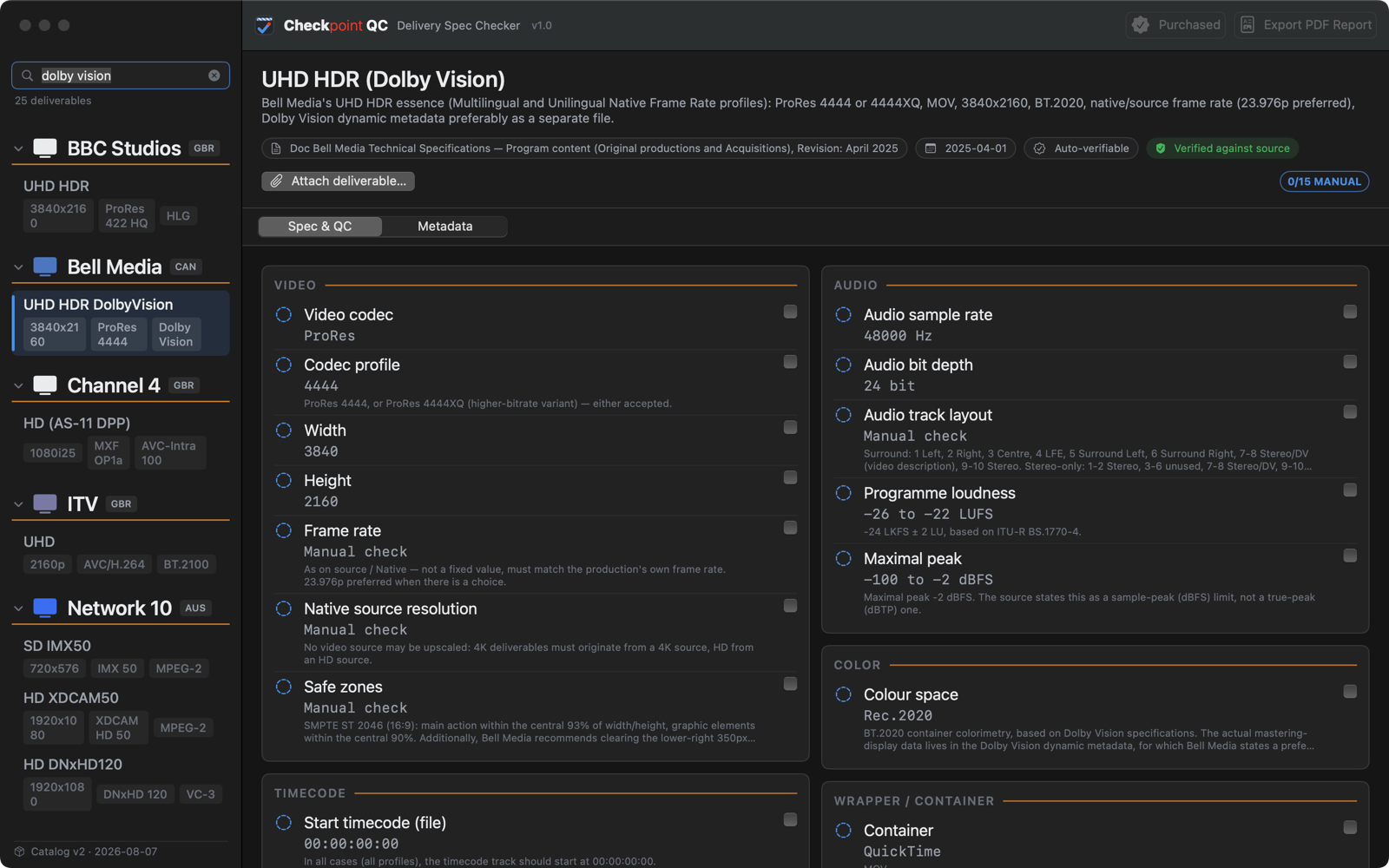 Searching the Checkpoint QC catalog for delivery specs that require Dolby Vision