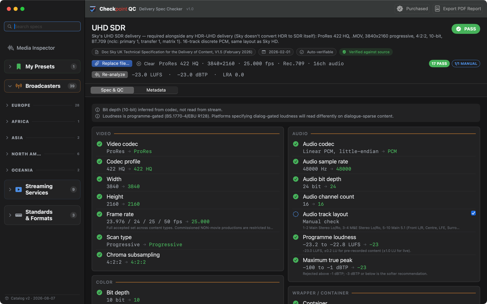 A file passing verification against the Sky UHD SDR delivery spec in Checkpoint QC