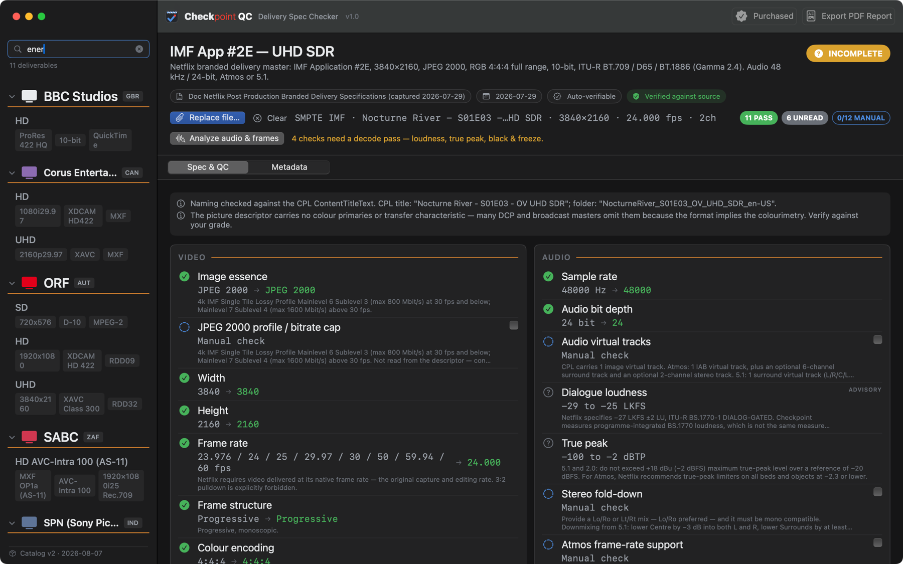 Checkpoint QC verifying a Netflix IMF UHD SDR file against the delivery spec — video and audio parameters scored pass/fail